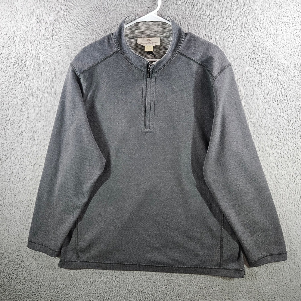 Tommy Bahama Mens XL Reversible Quarter Zip Pullover Gray Herringbone Sweater